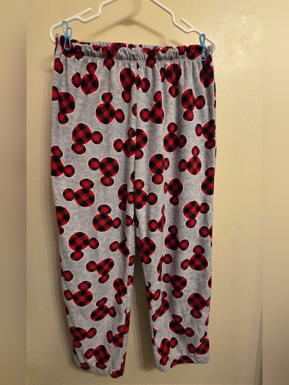 Disney Mickey Mouse Pajama Pants Medium Gray Red Buffalo Plaid Fleece Sleepwear
